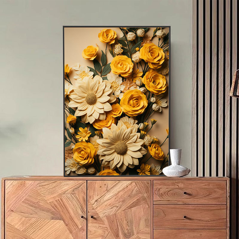 向日葵客厅装饰画高级肌理感装饰画轻奢沙发背景墙艺术玄关壁画细节图