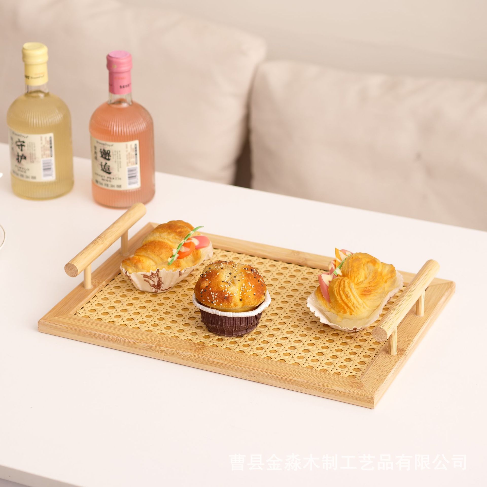 创意竹制托盘木质可手提水果点心盘长方形仿藤编底茶托盘宴请餐盘细节图