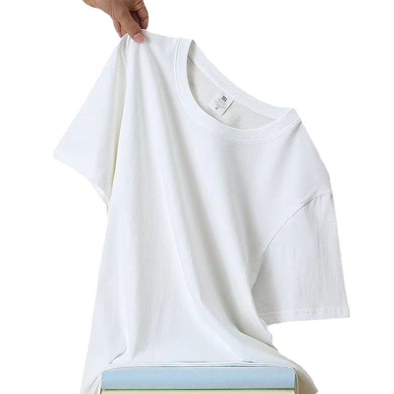 200克纯棉正肩短袖T恤男纯色休闲圆领半袖大码打底衫印LOGO批发白底实物图