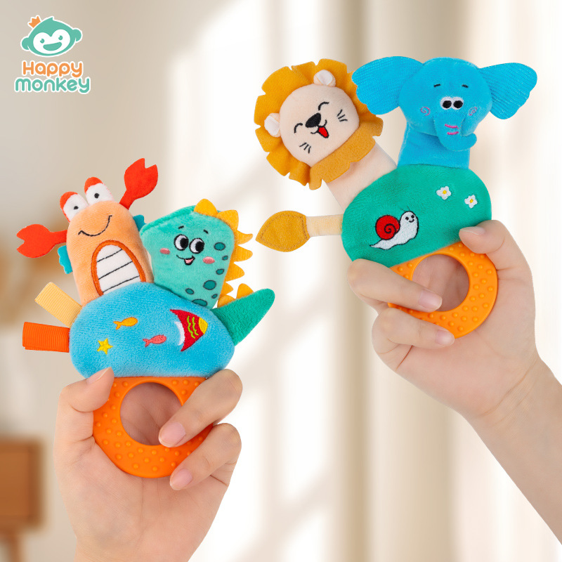 Happy monkey Animal Finger Puppet toy Baby Grasping Training rattle with baby teething ring bite Fun