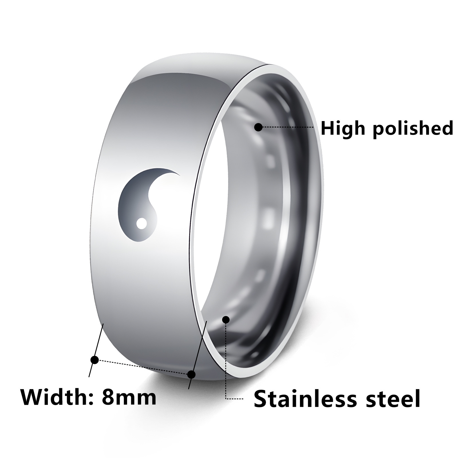The 8mm laser-engraved Bagua Yin-yang fish stainless steel ring is a best-selling men's accessory on AliExpress and does not fade Item Picture