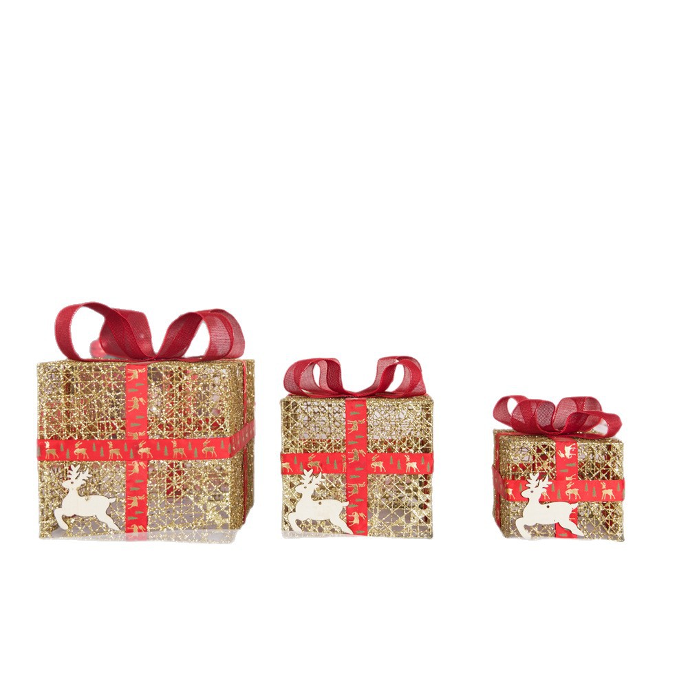 圣诞节闪粉铁艺礼盒三件套 圣诞道具厂家批发橱窗摆件圣诞礼盒白底实物图