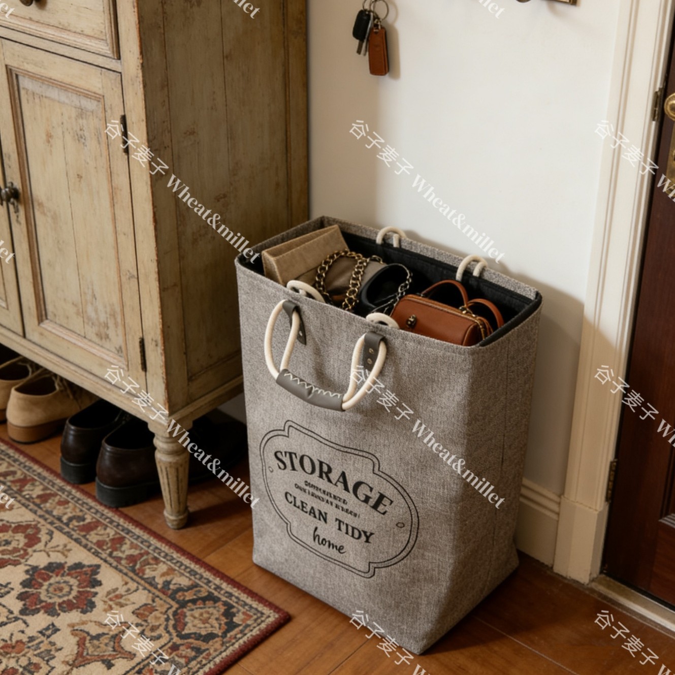 Leather handle storage bag for clothes, quilts and sundries details Picture