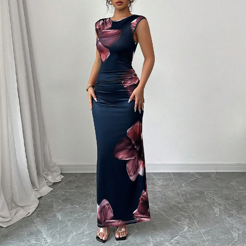 Ruihou 2025 Cross-border Foreign Trade European and American figure-hugging printed dresses, sleeveless one-step dresses, evening gowns, body-hugging long dresses, women's clothing full figure