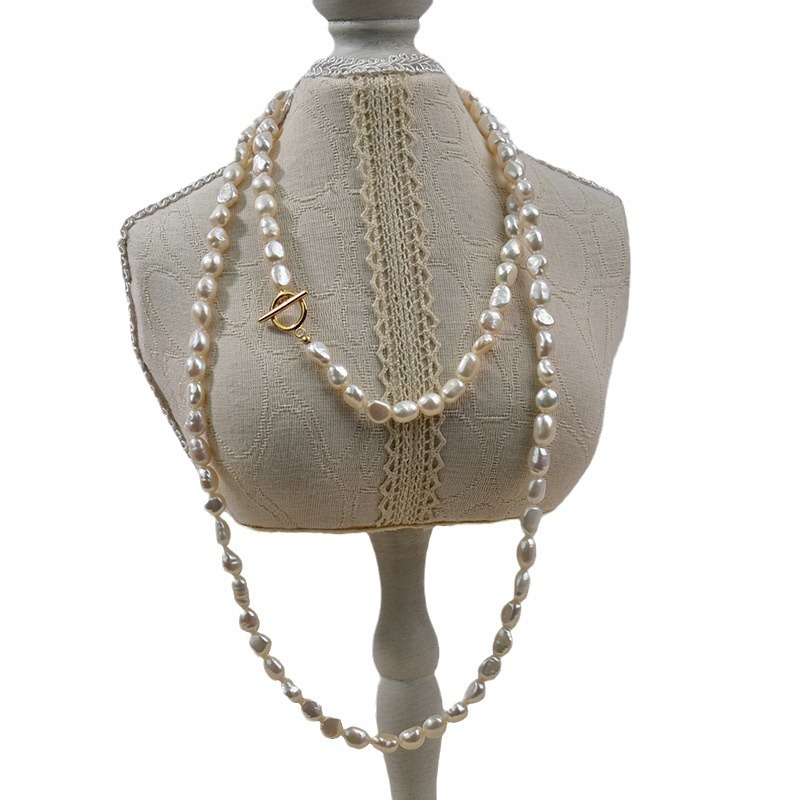 Sweater chain, natural pearl necklace, long OT buckle, fashionable French retro, irregular-shaped pearl, versatile, casual long chain for women Item Picture