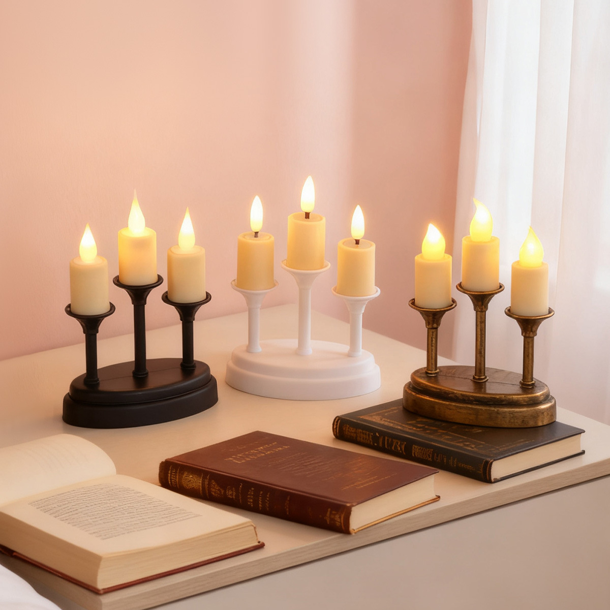 Retro three-headed LED electronic candle lamp, Nordic InS-style home decoration candlestick ornament, realistic romantic atmosphere lamp