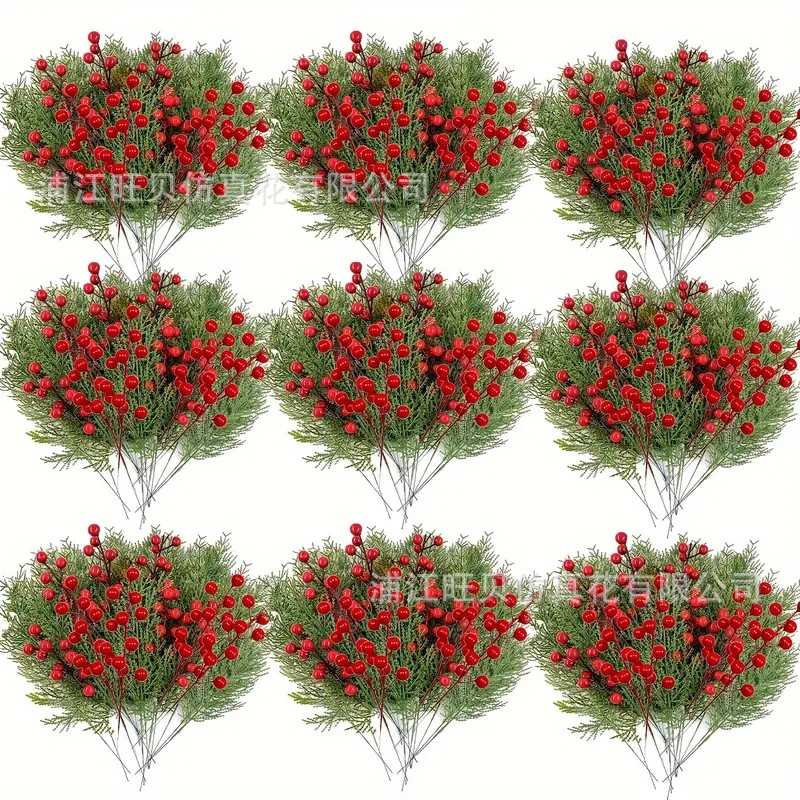 跨境圣诞装饰仿真红浆果 人造松针圣诞装饰家居亚马逊热销diy插花
