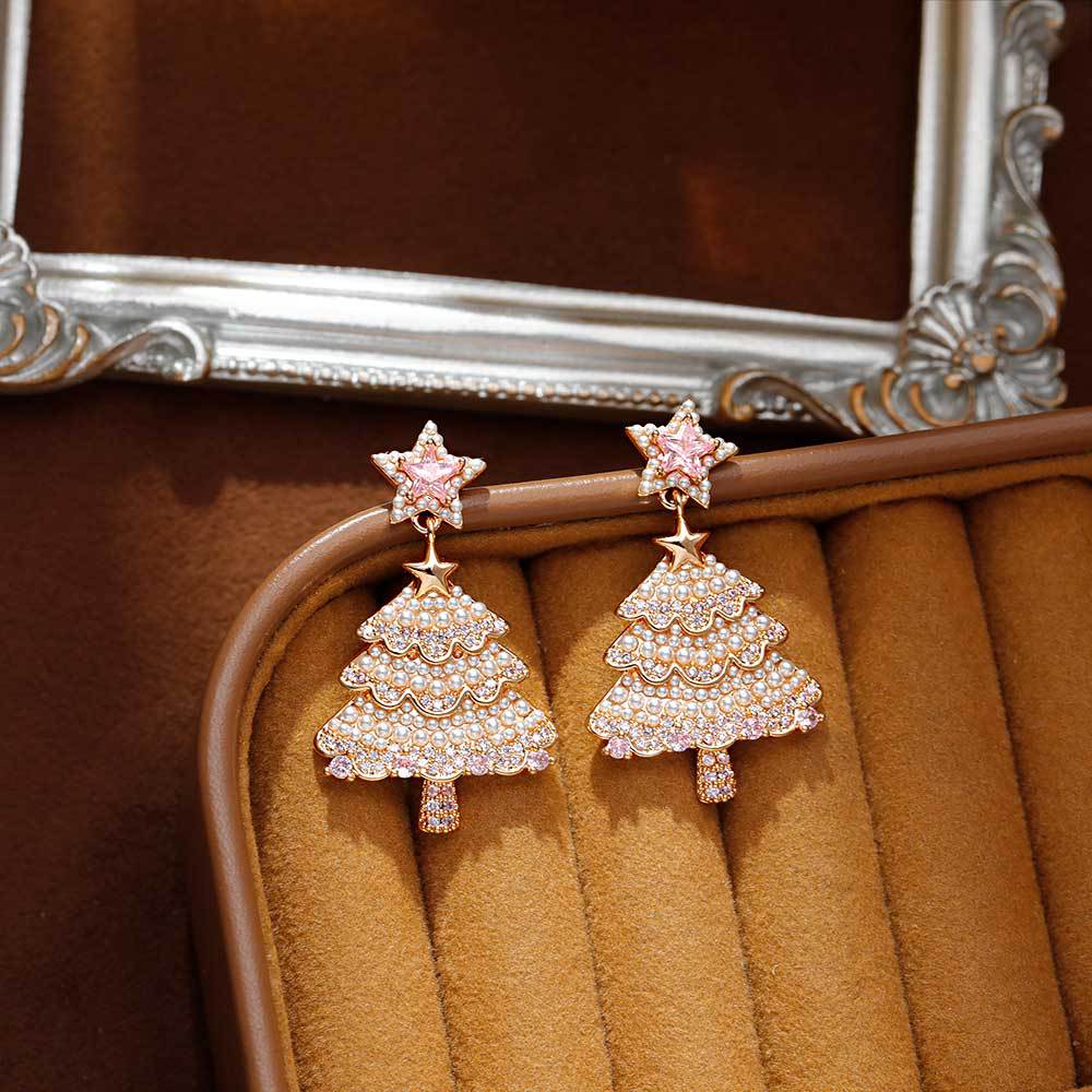 Hyacinth Douyin's best-selling Christmas tree earrings for women, a light and luxurious pink zircon high-end look, 2025 new style Application Scenario