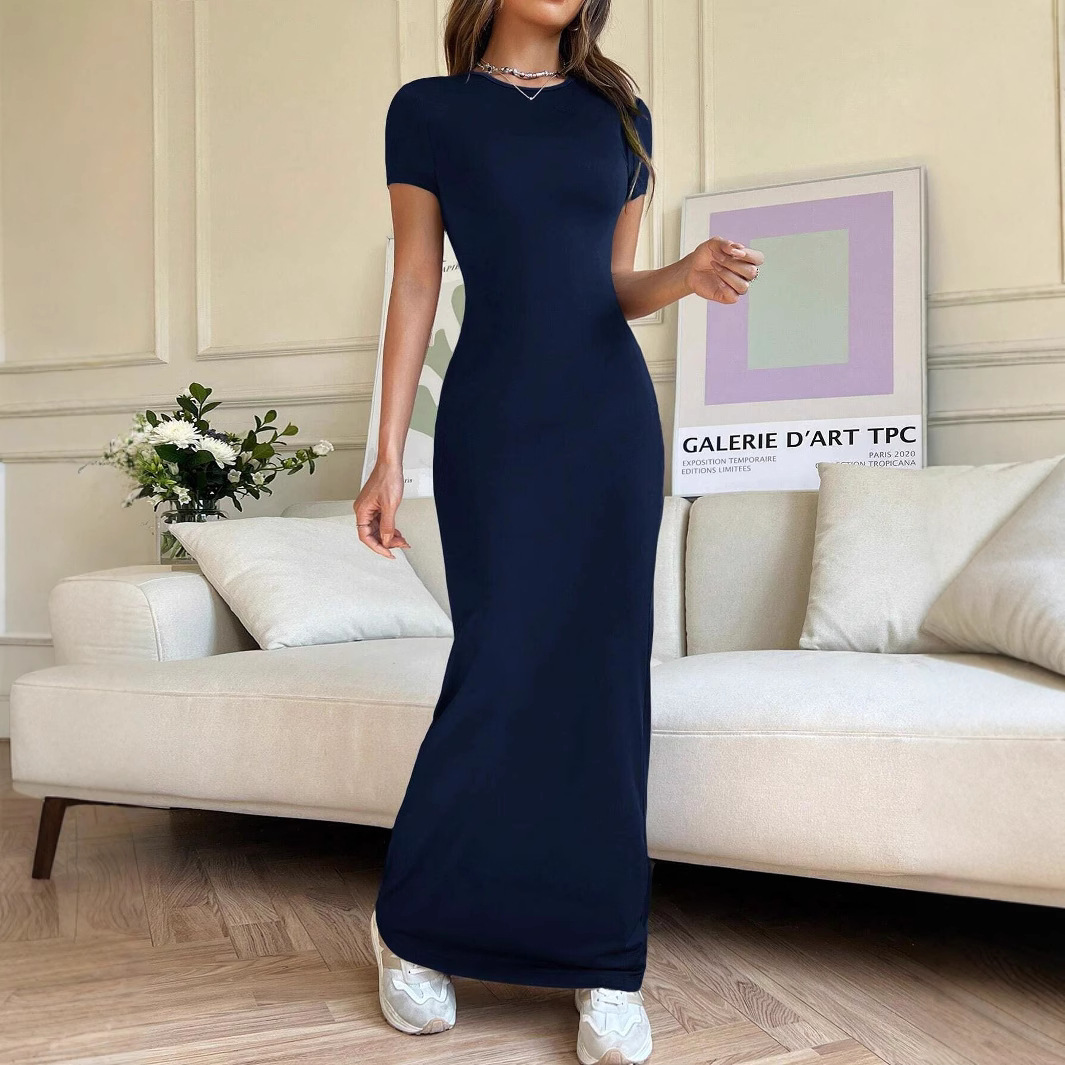 New cross-border Temu Amazon European and American women's clothing 2025 Spring/Summer export solid color elegant slimming short-sleeved dress details Picture
