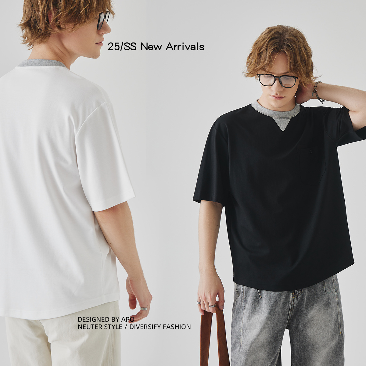 APO Men's Wear: Summer color-blocking and patchwork fake two-piece short-sleeved T-shirt for men, loose round-neck inner layer top and base layer Application Scenario