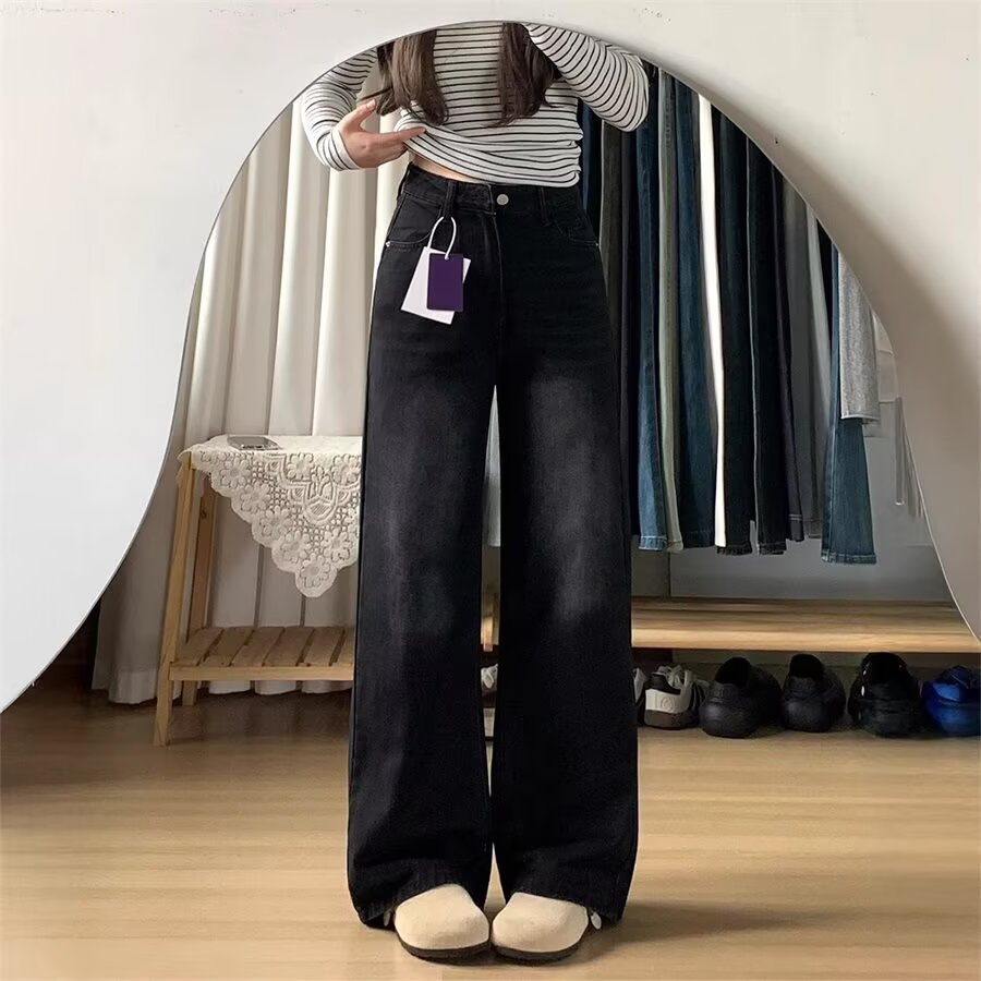 跨境牛仔裤美式阔腿牛仔裤女秋季2025新款毛边设计宽松拖地直筒裤