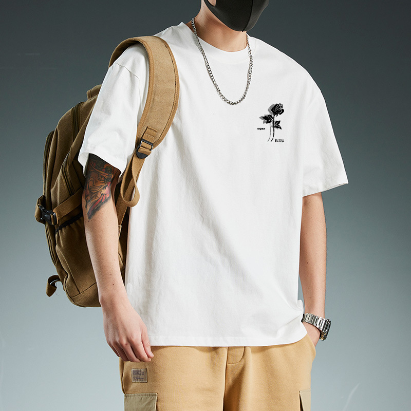 短袖t恤男2025夏季新款潮牌衣服纯棉白体恤上衣宽松圆领半袖男款