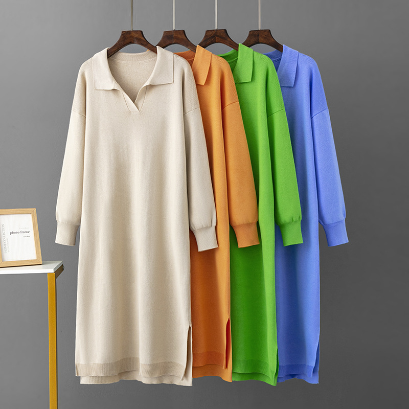 2023 Autumn/Winter new Amazon European and American Polo collar base knitted long dress, loose large-sized solid color women's dress full figure