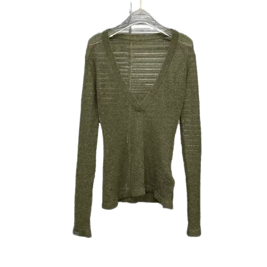 Casual V-neck thin, slightly transparent long-sleeved knitted sweater for women, a unique and versatile layering top for spring and summer Item Picture