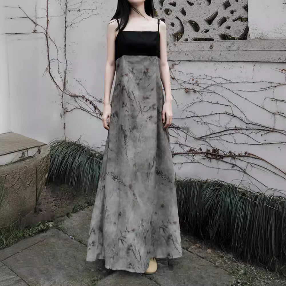 园序 自制新中式清冷感印花拼接连衣裙 2024夏季吊带禅意长裙女