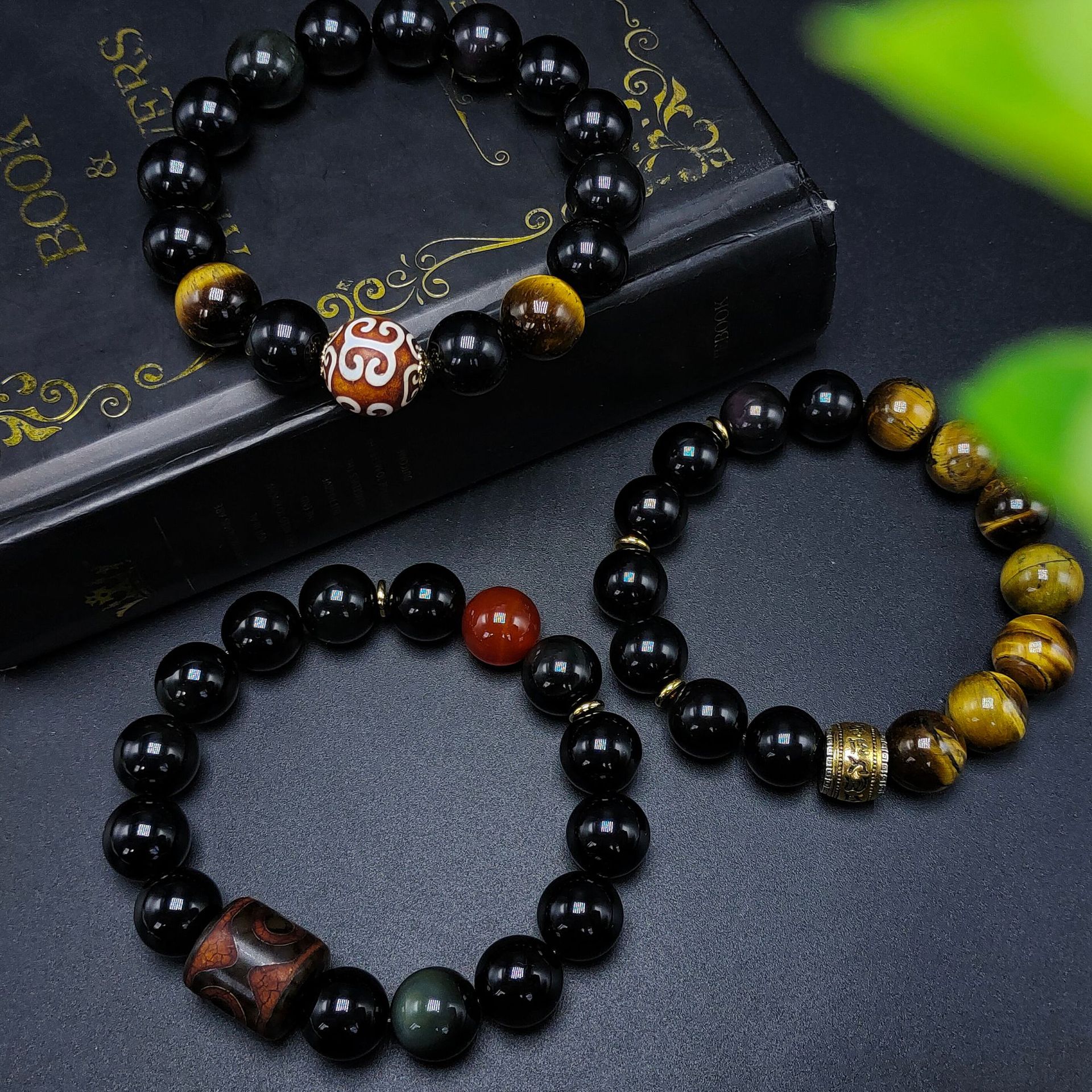 男式天然黑曜石虎眼石手串六字箴言男款手链文玩饰品手饰