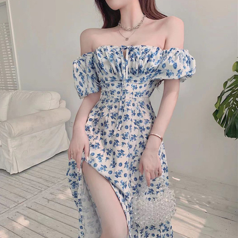Blue floral print dress for women's summer long slit dress, elegant design sense, collarbone one-shoulder tea break French dress full figure