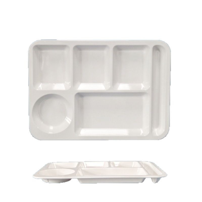 Wholesale of A5 white melamine tableware, fast food plates, student cafeteria compartmentated plates, four-compartment and six-compartment plates, bowls, plates and plate sets Item Picture