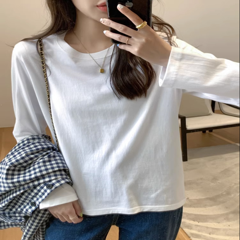 正肩长袖T恤女2025年新款春秋冬季内搭纯棉宽松白色打底衫女上衣细节图