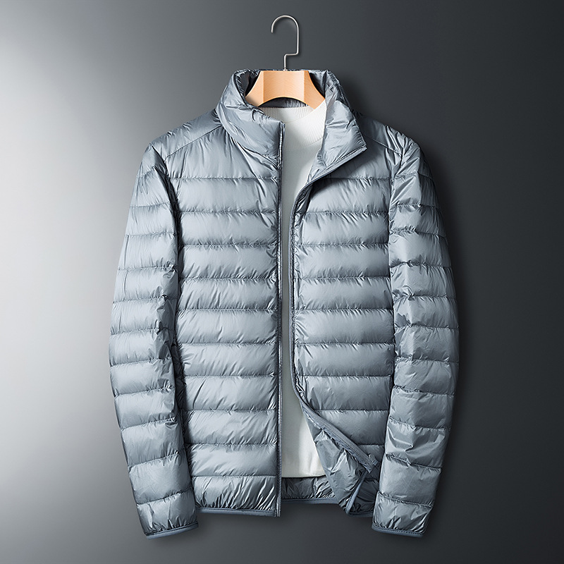 Light and thin white duck down jacket for men, large-sized loose winter, short outdoor sports stand-up collar warm coat for young people