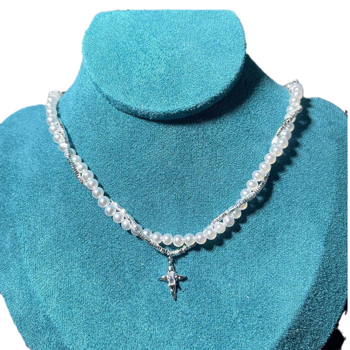 A few pieces of starry pearl silver necklace, four-pointed star collarbone chain, women's niche double-layer design sense, light luxury trend Item Picture