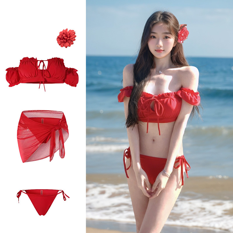 2025 New style of sexy European and American retro red bikini two-piece swimsuit for women's pure desire -125079 Specification image