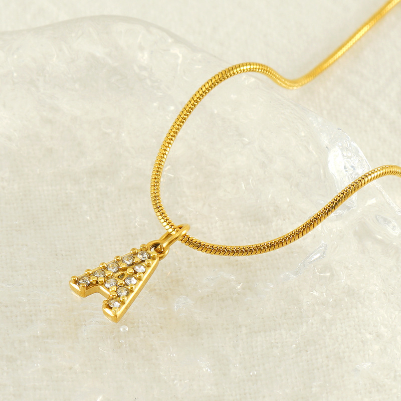 Cross-border European and American stainless steel fashion 26 English diamond-encrusted small letter necklace, simple and versatile titanium steel snake chain necklace for women details Picture
