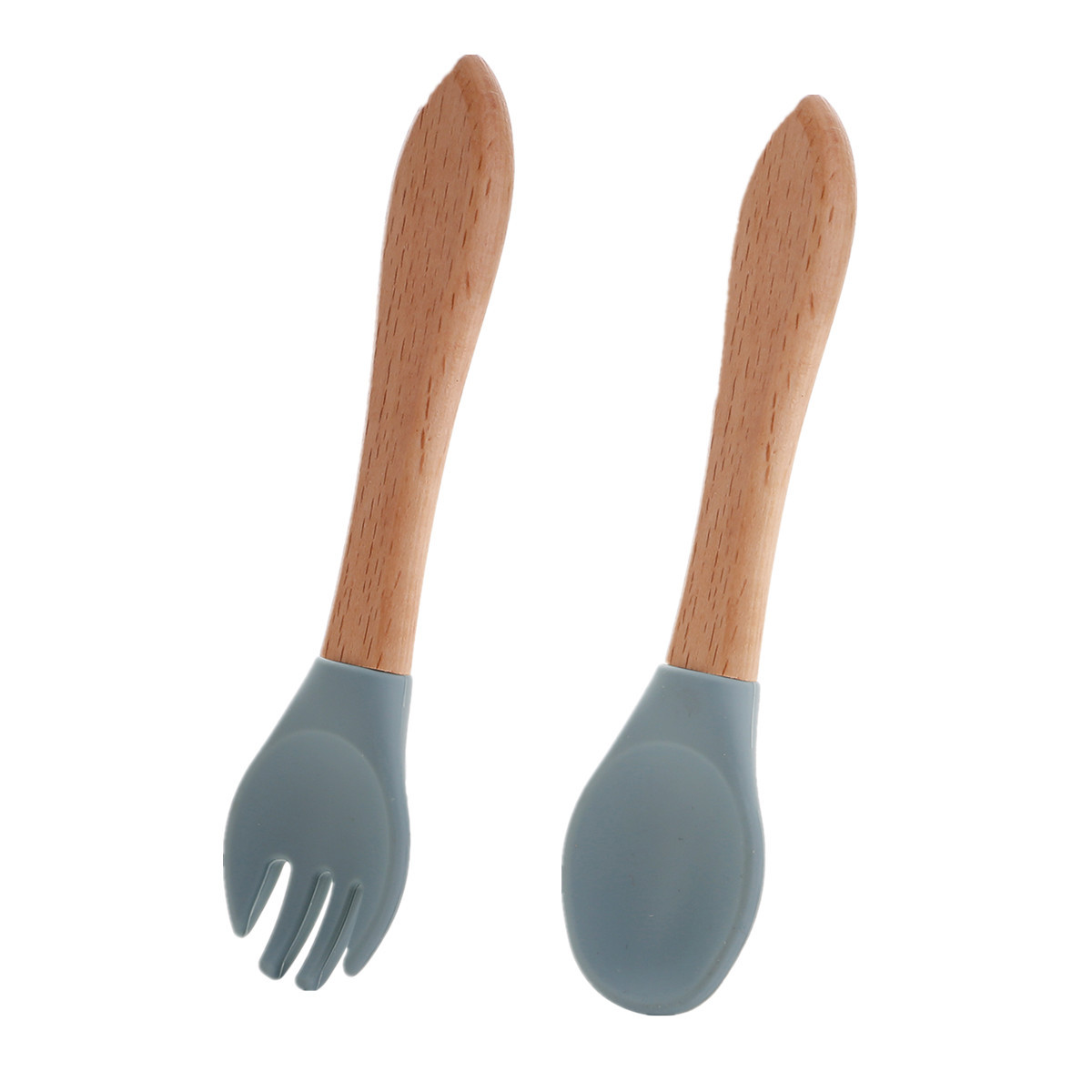 母婴餐具叉勺套装儿童喂养吃饭勺叉子木质手柄硅胶叉勺子现货厂家白底实物图