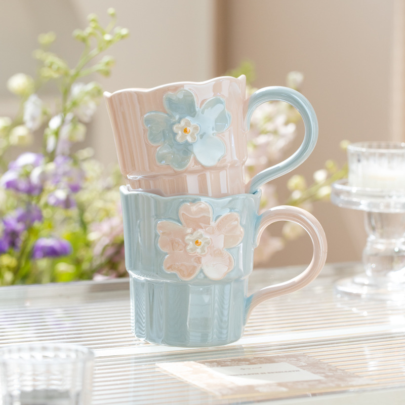 Pearl glaze hand-painted embossed flower mugs, girls' office ceramic drinking cups, Korean coffee cups, milk cups Specification image