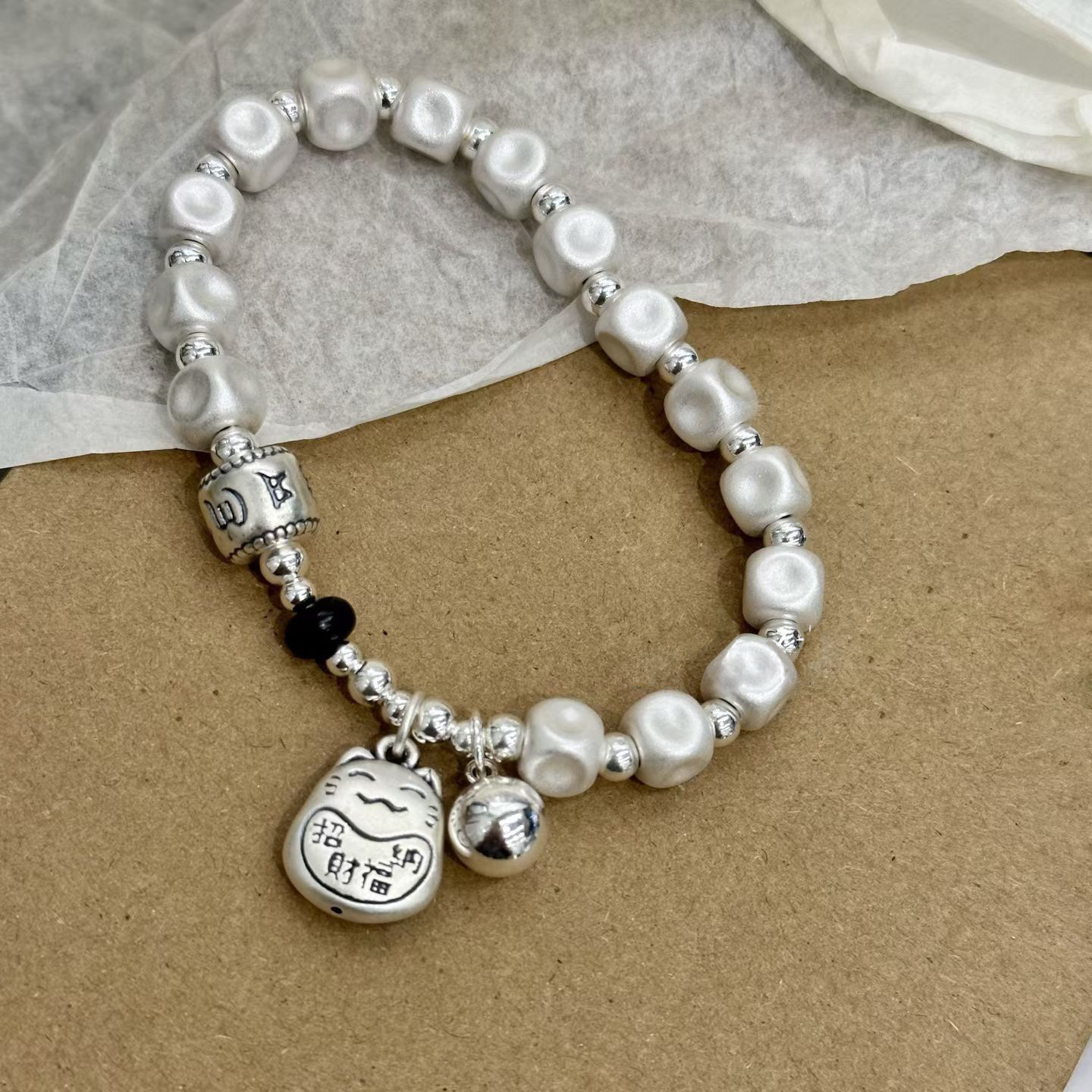 足银999古法11.17重工招财猫手串新中式六字箴言隔珠手链国潮新年礼物