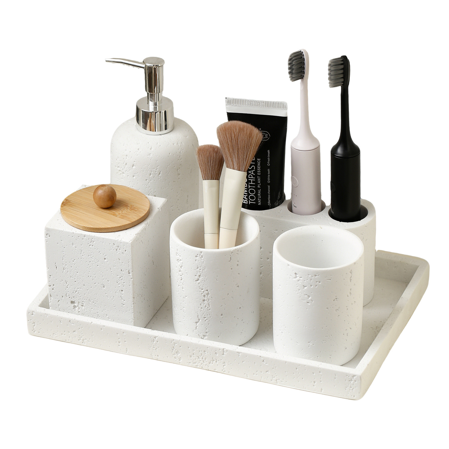 Wabi-sabi wind Tunnel Stone Storage seven-piece set: mouthwash cup, toothbrush holder, lotion bottle, perfume bottle, soap dish tray, washbasin Item Picture