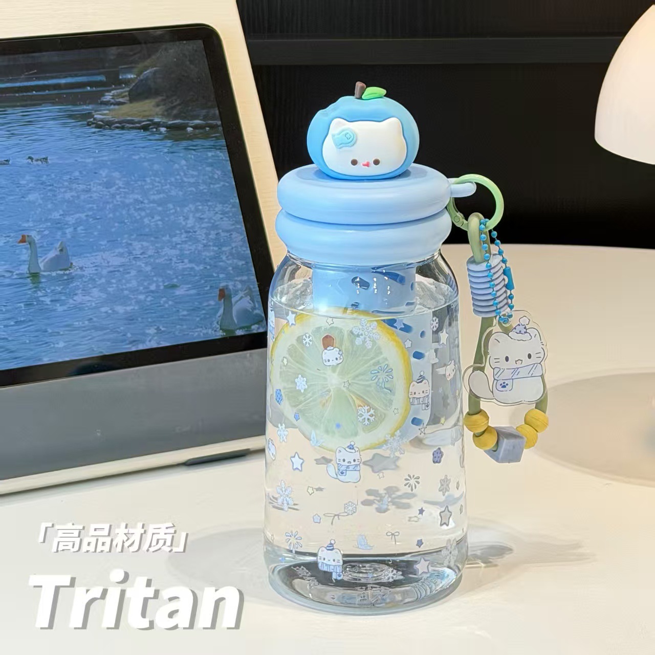 Cute apple cat drawstring water cup with tea strapping, large capacity, high-temperature resistant, anti-drop, special cup for students in class