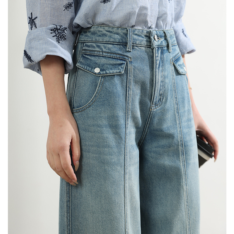 Factory direct sales of new mid-line design style jeans, retro light blue loose, slimming, drape sickle length pants Specification image