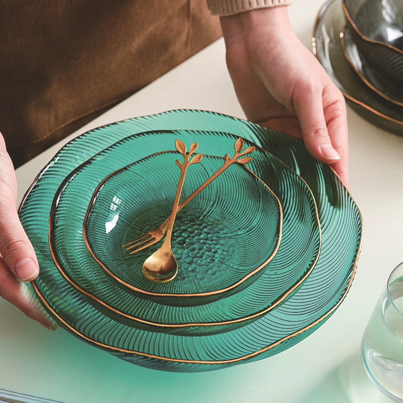 果盘创意in金边玻璃盘沙拉盘水果盘托盘酒吧干创意零食盘家用透明盘子批发