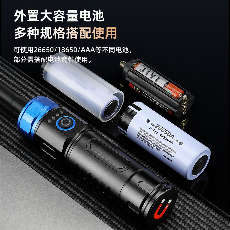New high-intensity flashlight, rechargeable, ultra-bright, long-range, zoom, bendable, electric display, aluminum alloy main body work light Application Scenario