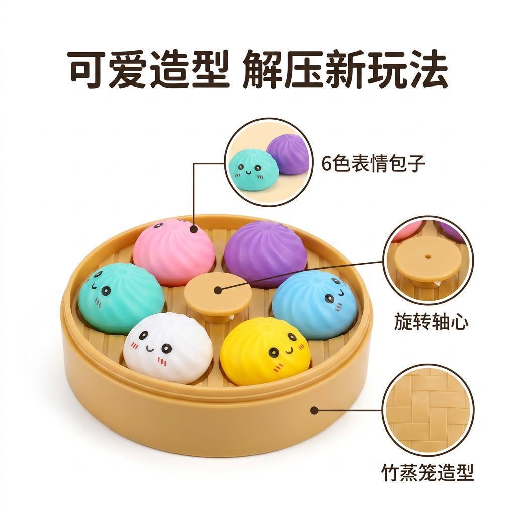 Cross-border simulation six-color steamed buns with steamer, a stress-relieving magic tool, a stress-relieving fingertip press toy, a tabletop decorative item details Picture