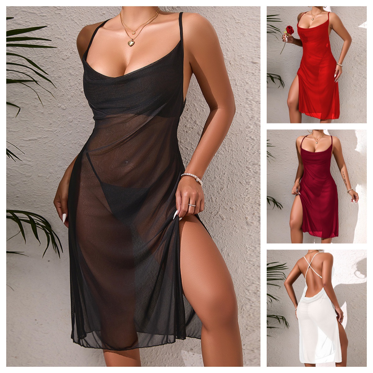 Feiyun Cross-border European and American sexy see-through mesh solid color long halter dress, backless side slit, form-fitting pajamas 908