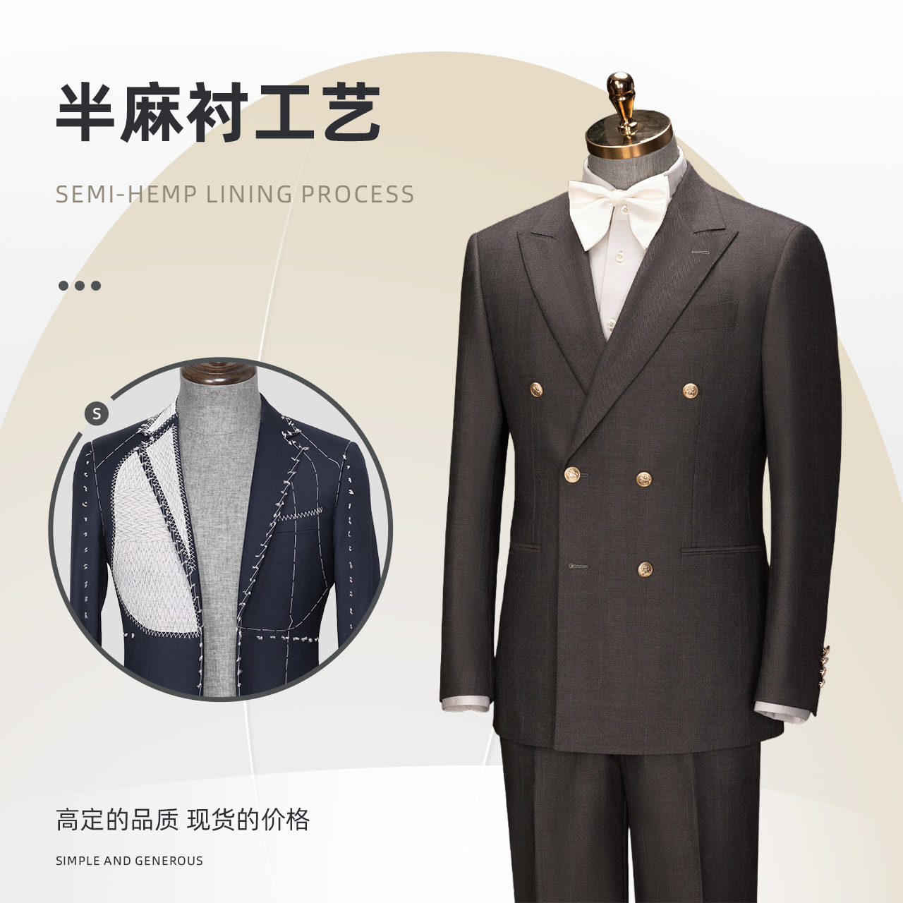 Men's double-breasted suit, wedding performance host, groom, wedding haute couture suit, waistcoat, three-piece set details Picture