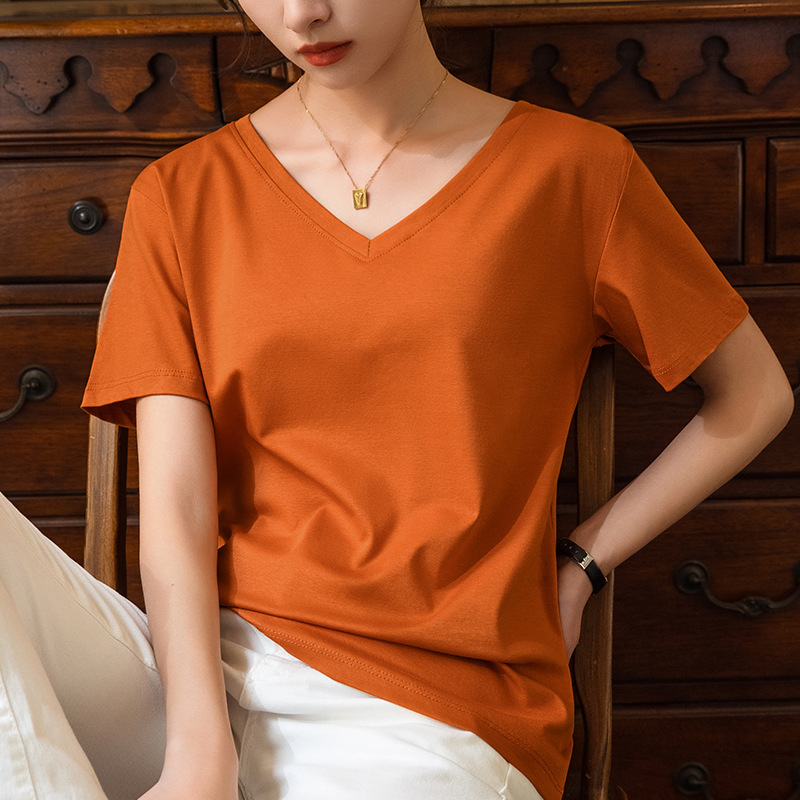 80 reverso mercerizado algodón manga corta camiseta mujer 2025 nueva mujer temperamento cuello en v cuerpo de algodón cubierta de barriga top Specification image