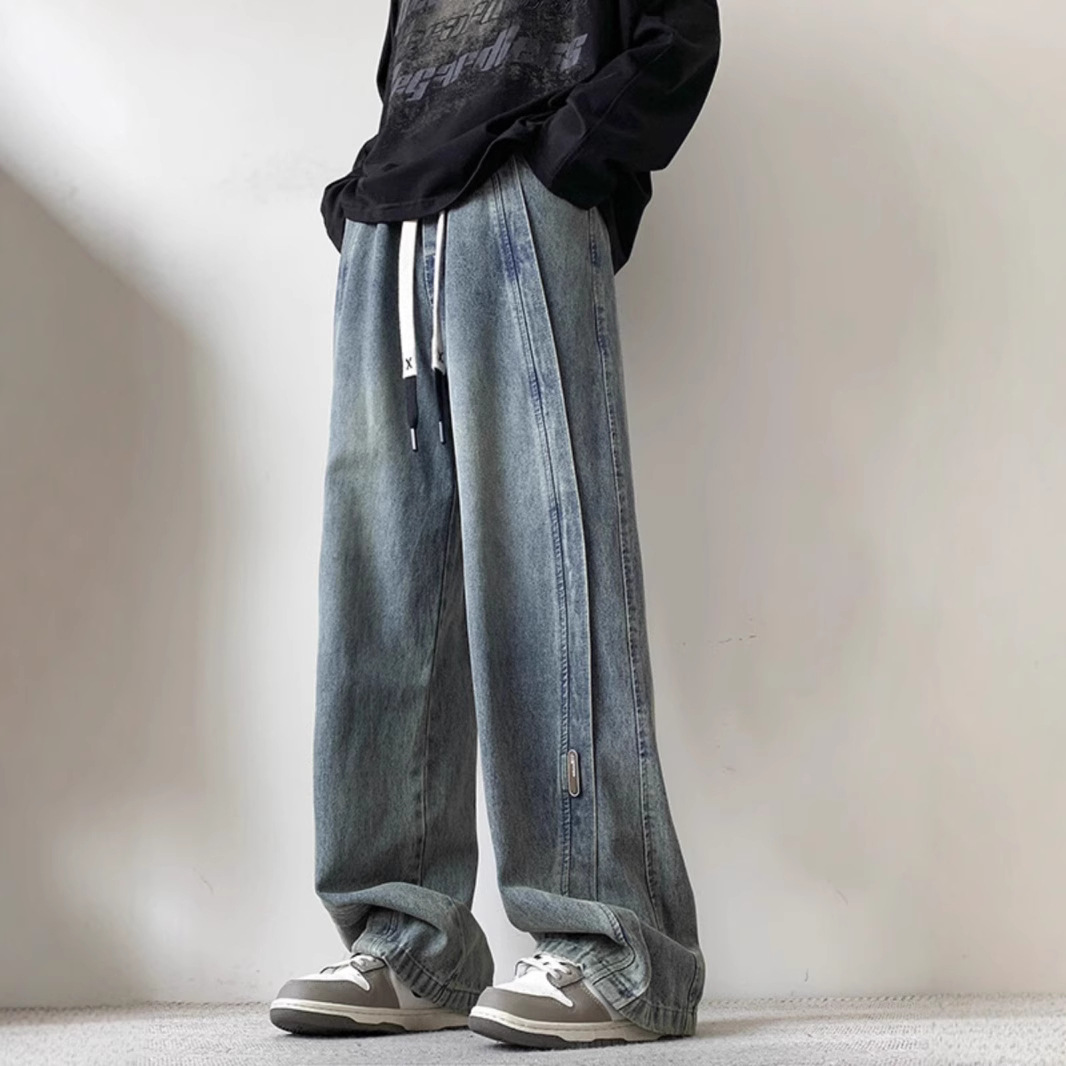 Men's autumn American high street washed jeans, plus-size trendy brand loose straight-leg men's wide-leg pants Specification image