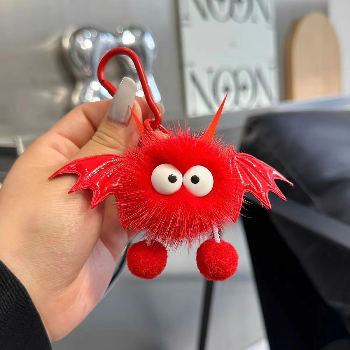Cute and fun Halloween imitation mink fur little devil bag pendant, ins fur ball monster keychain pendant details Picture