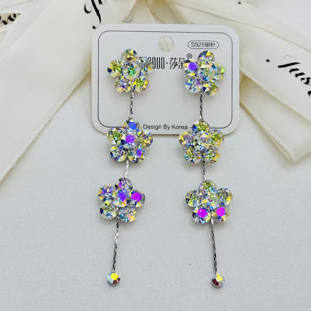 S925纯银针奥钻水晶花朵长款耳坠彩色水晶流苏耳环女时尚气质耳饰