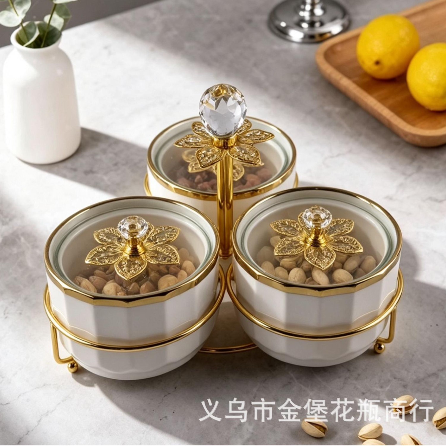 Light luxury golden-edge ceramic dried fruit box, three or four compartments with LIDS, snack storage box, living room coffee table, nuts and candies compartments details Picture