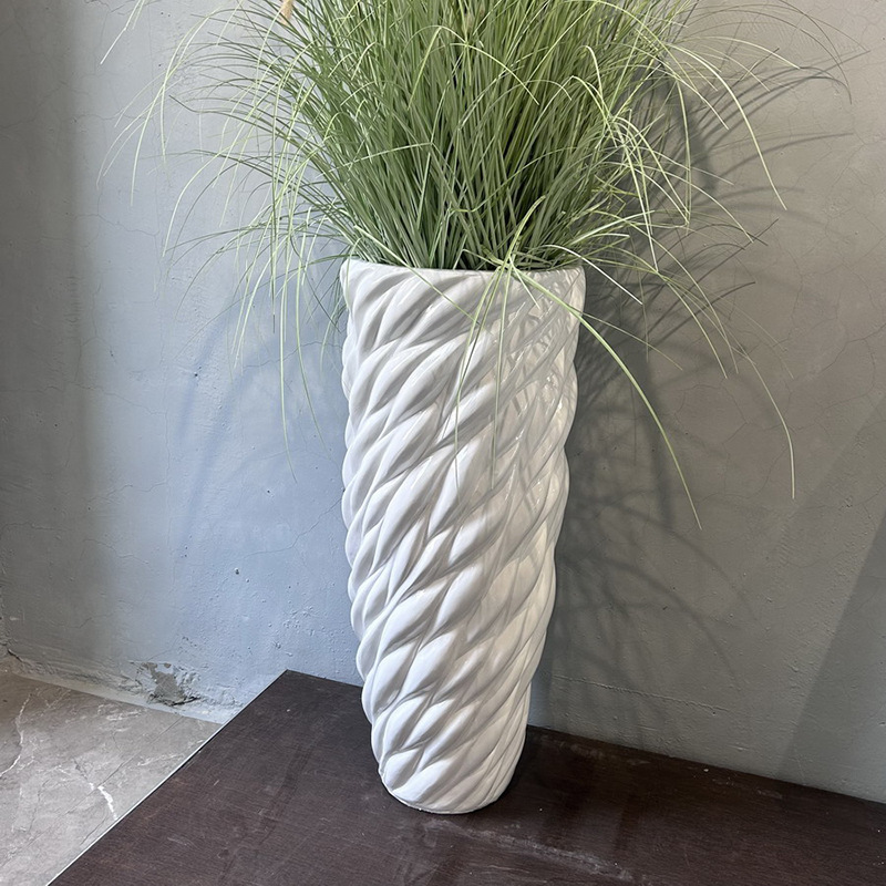 Nordic-style corrugated patterned tall vase, magnesium oxide bright white vertical patterned high-end ceramic flower pot, size combination style details Picture