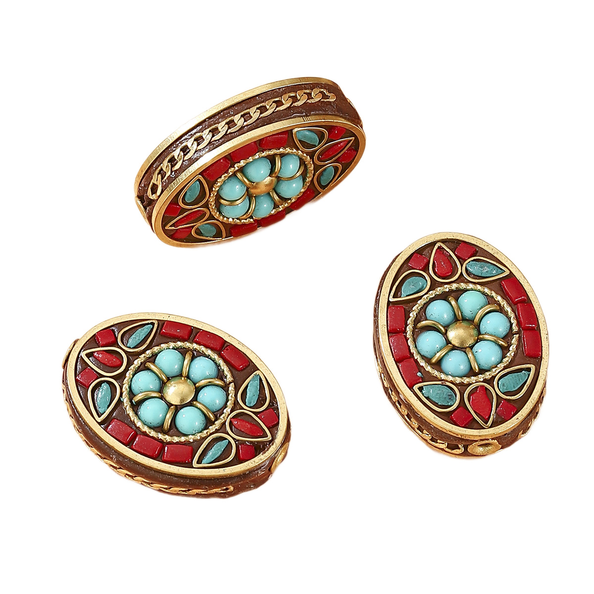 Tibetan-style Nepalese retro bead copper inlaid with turquoise and red stone DIY ethnic style bracelet accessories bucket beads Item Picture