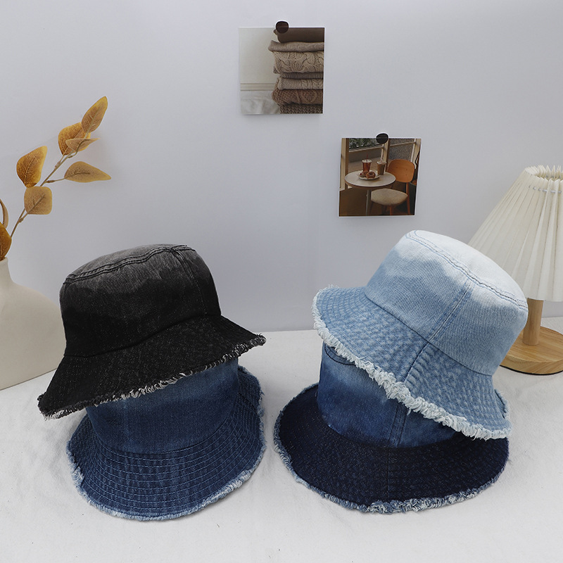 Korean washed denim fisherman hats for export, four-season solid color frilled basin hats, cross-border supply, women's sun hats