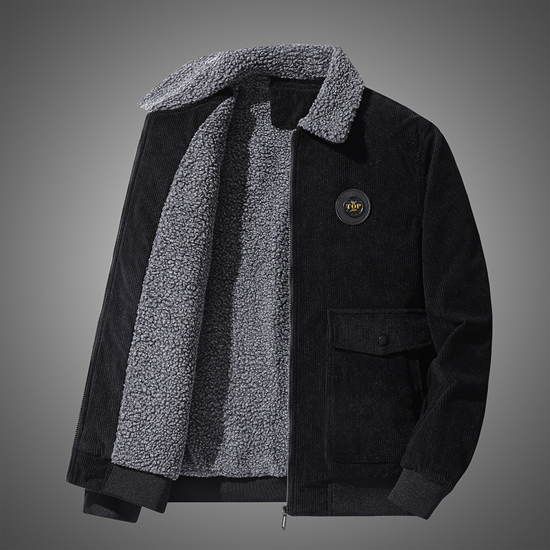 Corduroy lambskin jacket for men, loose, fleece and thickened casual lapel jacket for winter