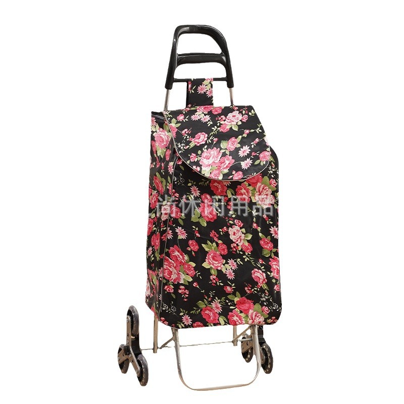Large flower shopping cart, crystal stair climbing supermarket shopping cart, elderly grocery shopping cart, stair climbing small hand trolley, cloth bag handle Item Picture