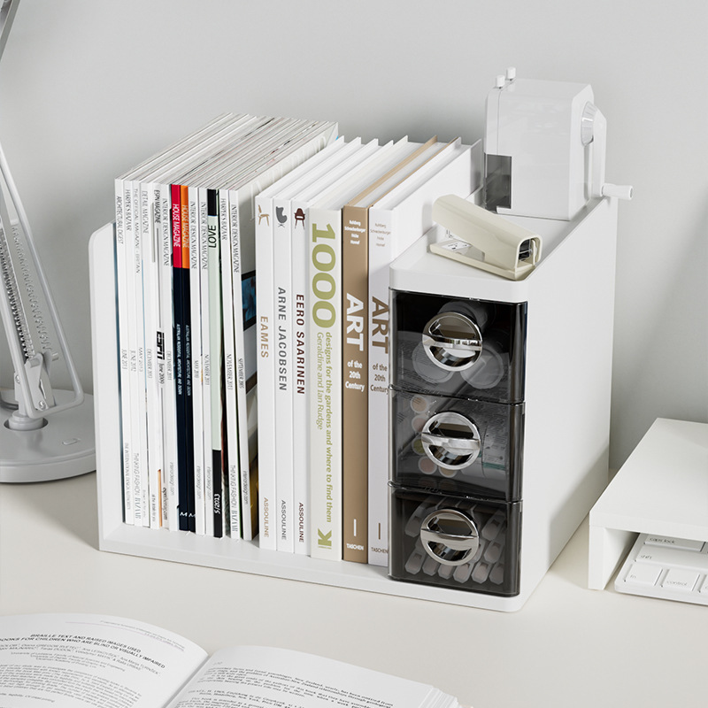 Desktop storage box, drawer-type pen holder, multi-functional bookstand for dormitory, book shelving, office desk file rack Application Scenario