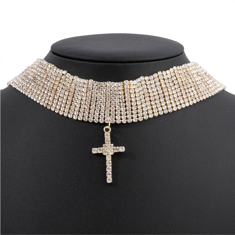 Cross-border new product creative and exaggerated multi-layer full diamond cross pendant necklace, personalized and trendy neckchain for women Choker details Picture